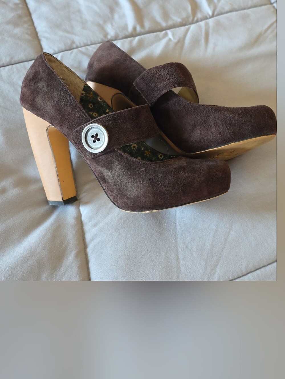 Seychelles Brown Suede Mary Jane Platform Heels with Button Strap